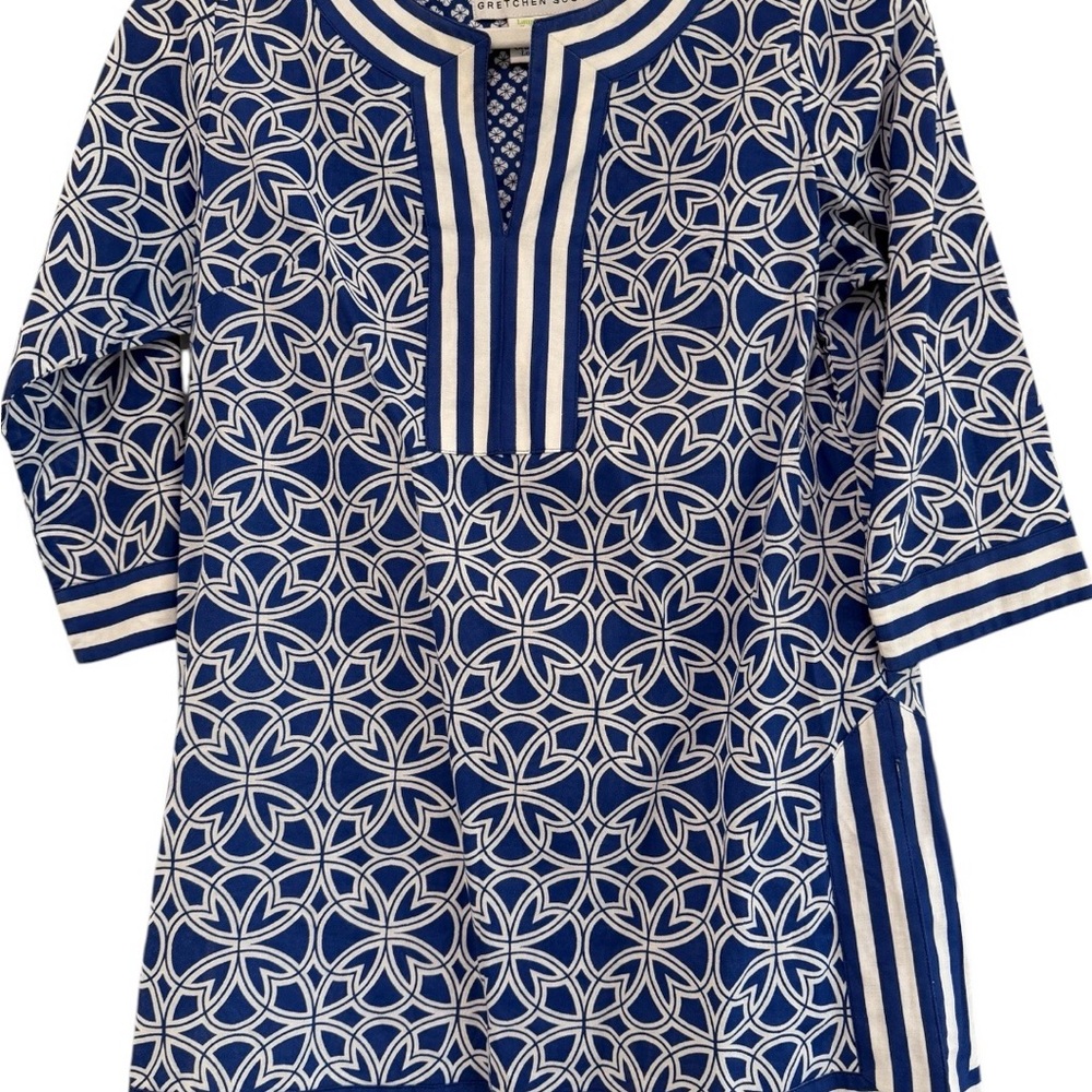 Gretchen Scott Blue & White Geo Stripe Tunic Size Small Palm Beach style